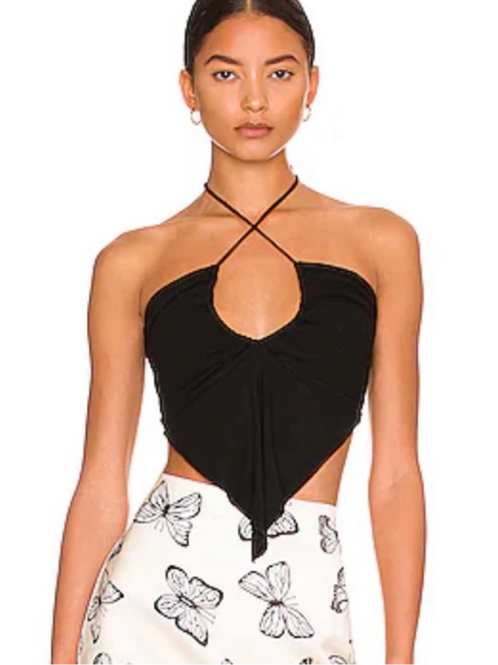 Revolve Black Halter Keyhole Tie-Front Crop Top